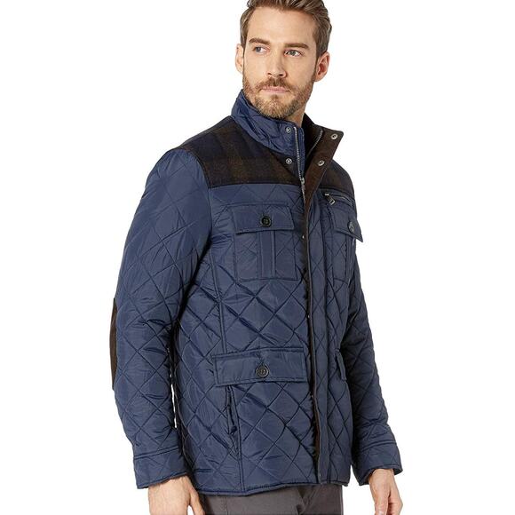 Cole Haan Quilted Jacket Navy Blue Mixed Media Elbow Patches Sz S Men's - Picture 1 of 14